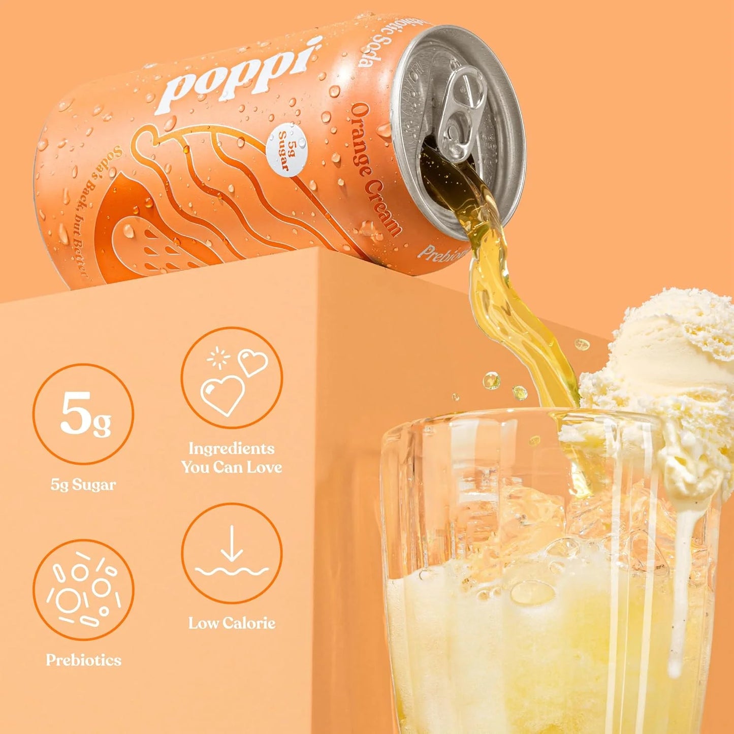Poppi Prebiotic Soda, Sparkling Water & Fruit Juice, Orange Cream, 12 Oz, 12 Pack