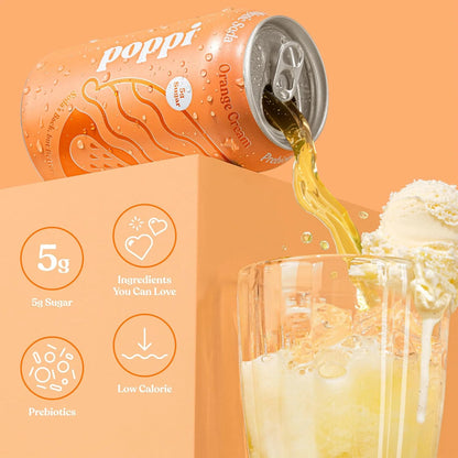 Poppi Prebiotic Soda, Sparkling Water & Fruit Juice, Orange Cream, 12 Oz, 12 Pack