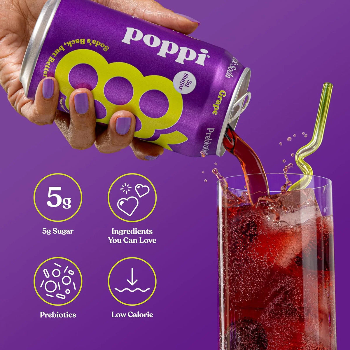Poppi Prebiotic Soda, Grape, 12 Oz, 12 Pack