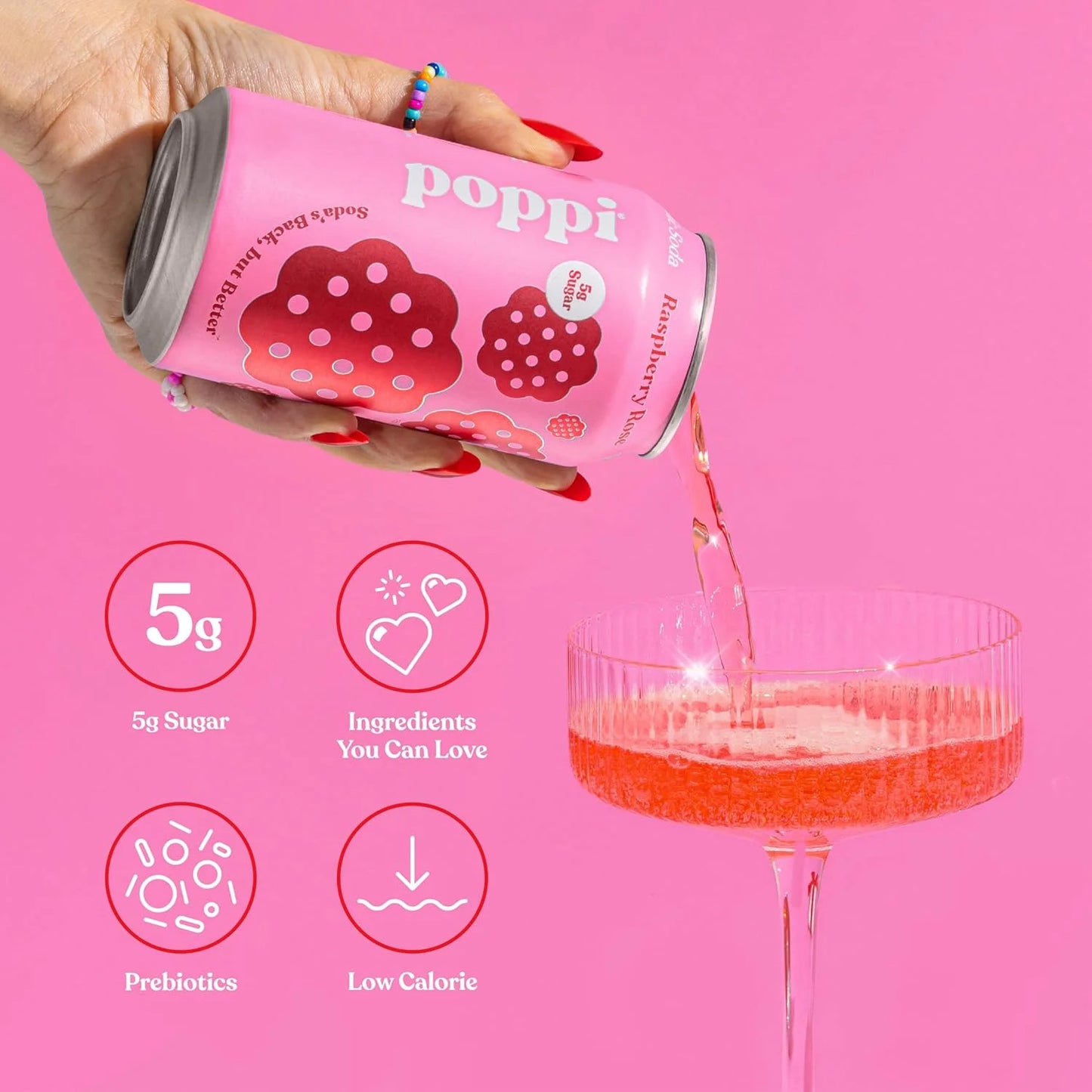 Poppi Prebiotic Soda, Raspberry Rose, 12 Oz, 12 Pack