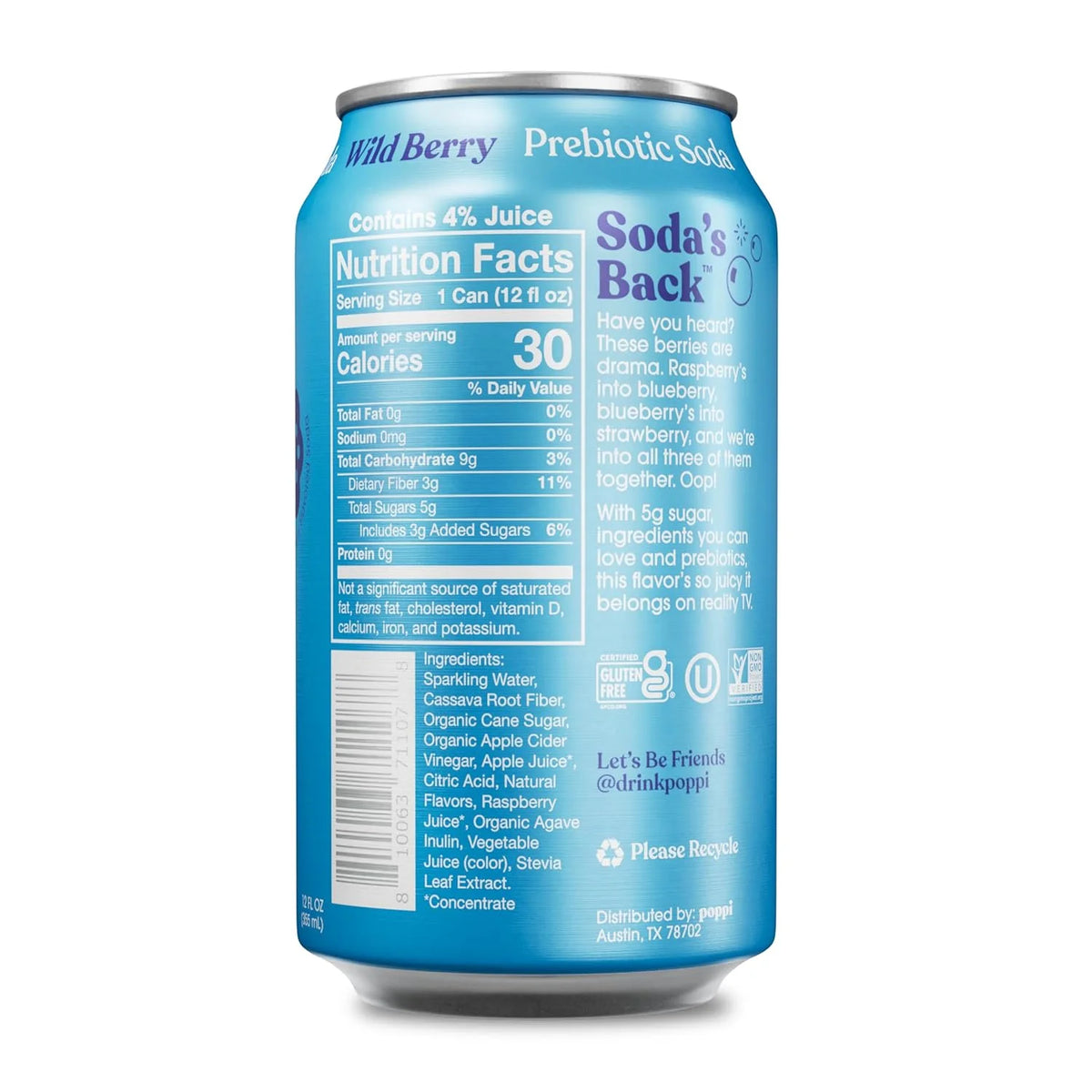 Poppi Prebiotic Soda, Sparkling Water & Fruit Juice, Wild Berry, 12 Oz, 12 Pack